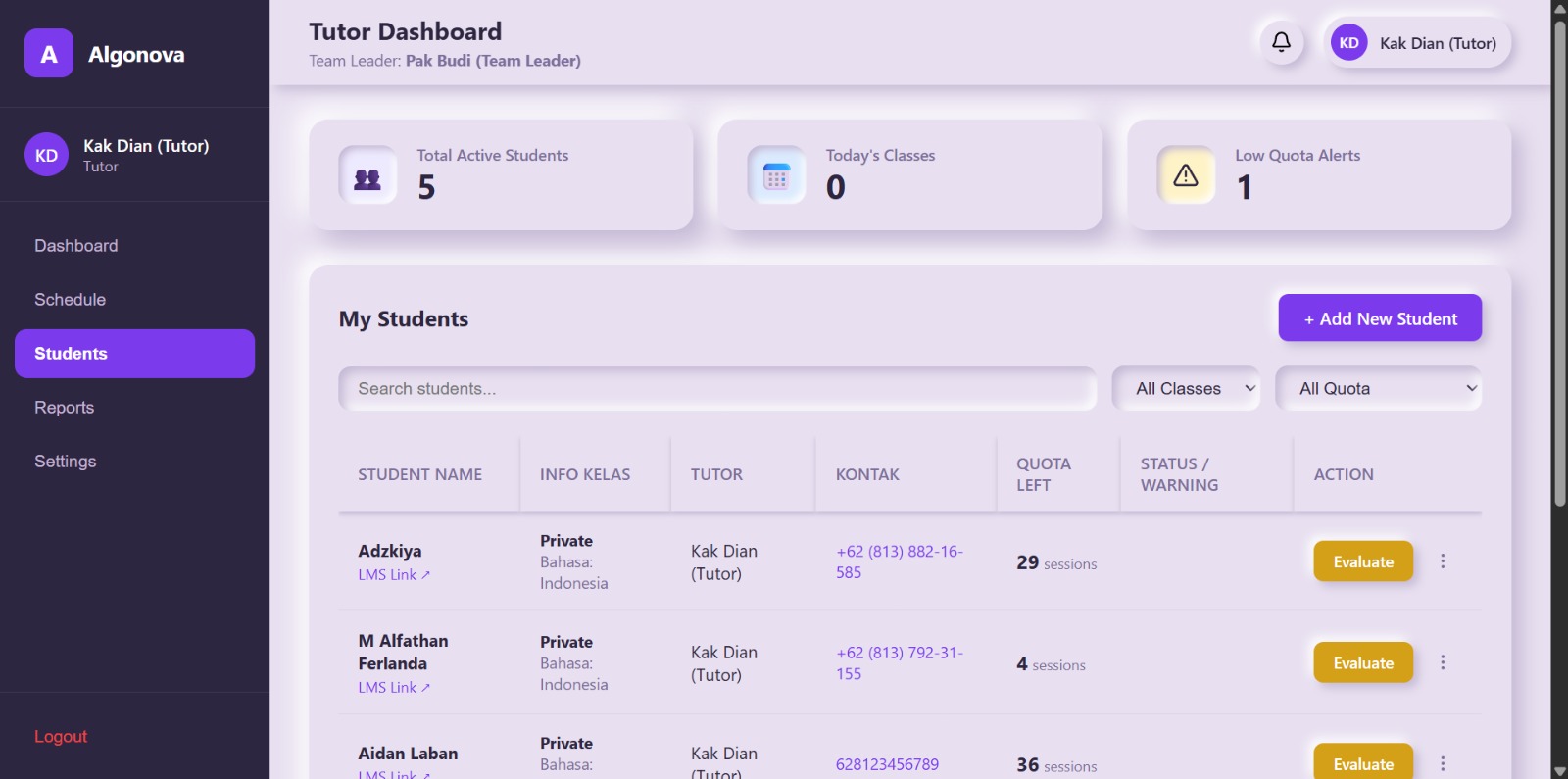 Tutor Dashboard